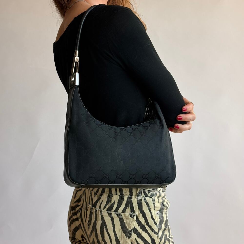 Vintage Gucci Tom Ford Era Black GG Monogram Canvas Hobo Bag Silver Hardware